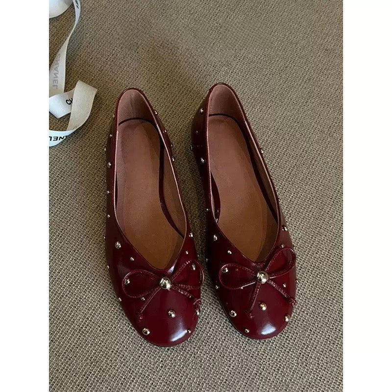 Burgundy Bow Rivet Flat Shoes Vintage Round Toe Ballet Flats