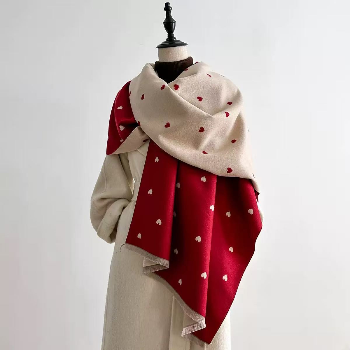 Red & Beige Reversible Heart Pattern Scarf Soft Cashmere Feel Shawl Wrap