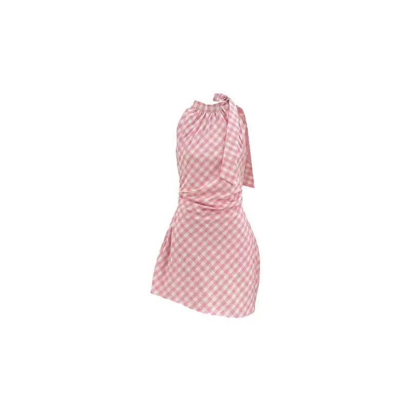 Pink Gingham Halter Tie Mini Dress Ruched Waist Slim Wrap Dress