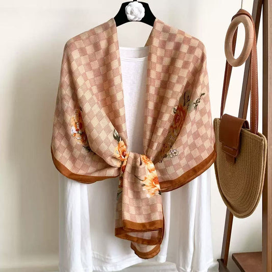 Retro Grid Flower Pattern Large Scarf Soft Warm Reversible Shawl