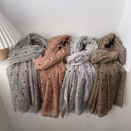 Vintage Polka Dot Crinkled Cotton Linen Scarf Casual Lightweight Long Shawl