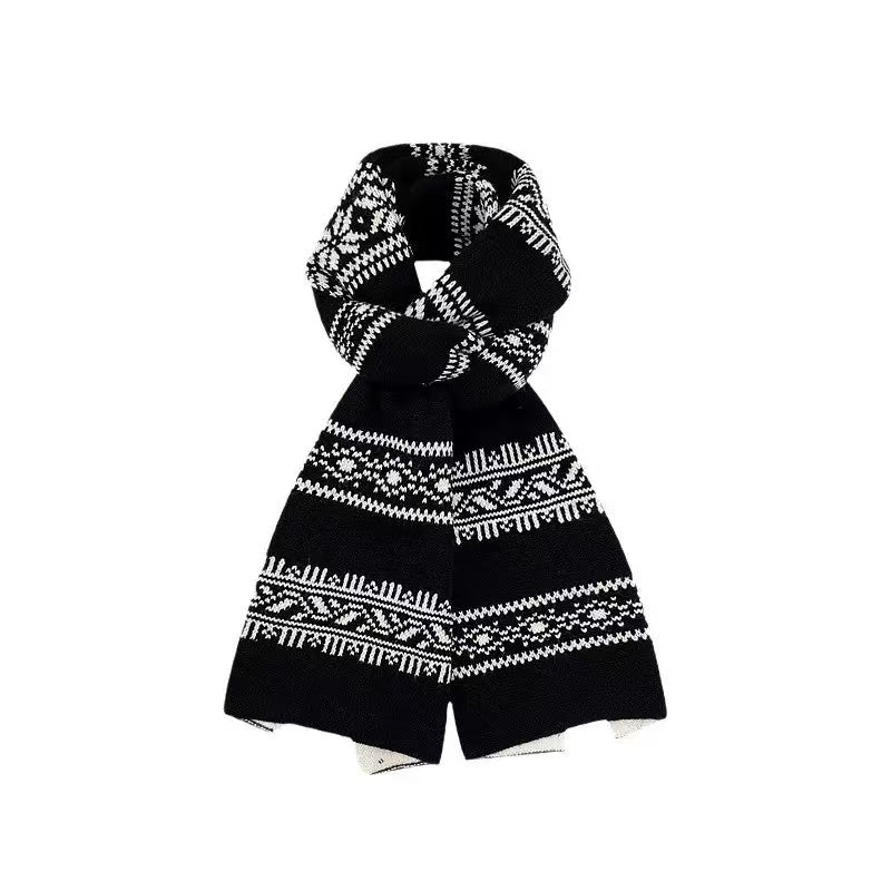 Black & White Fair Isle Knitted Scarf Vintage Nordic Geometric Pattern Warm Winter Scarf