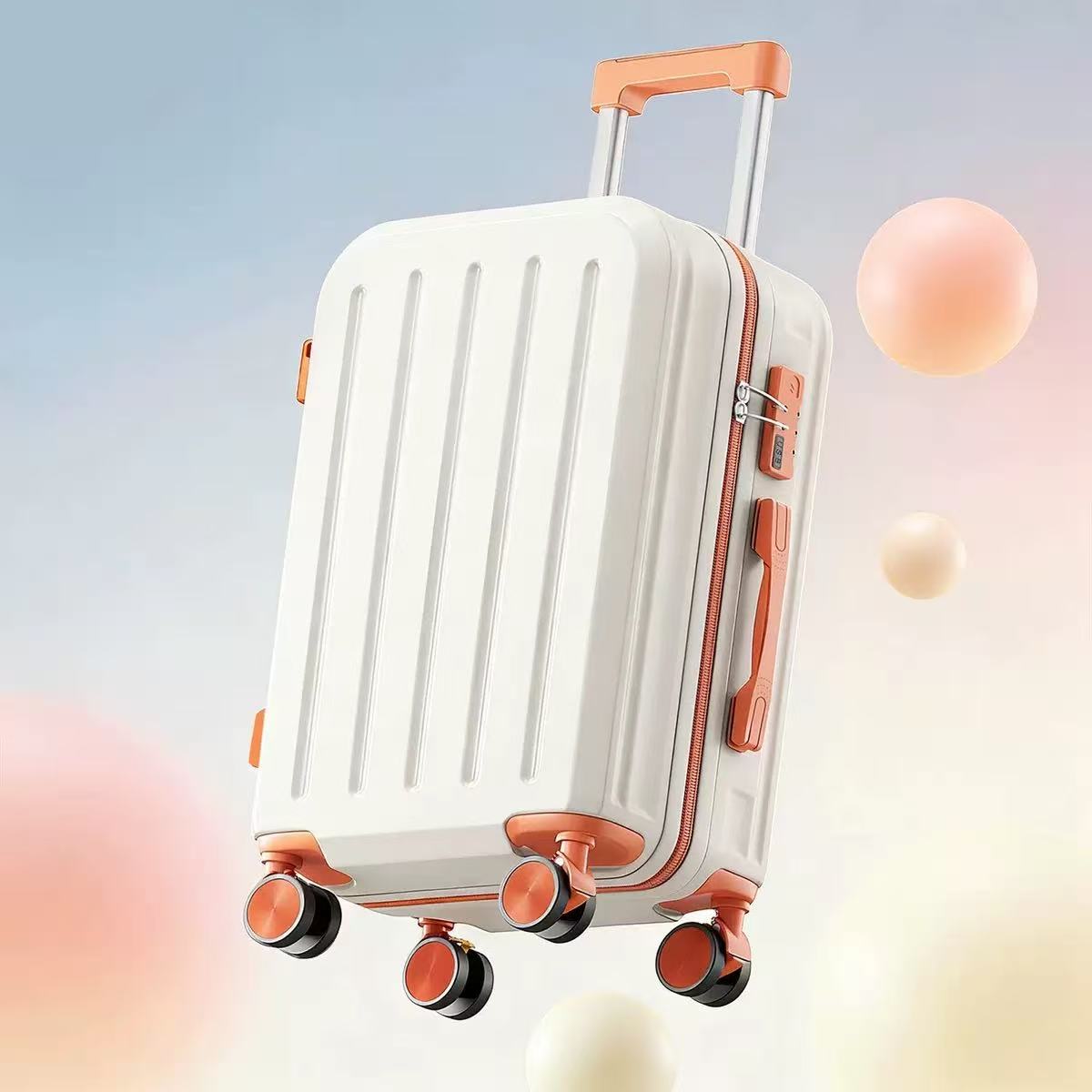 White Orange Contrast Vertical Stripe Luggage Lightweight Hard Shell Password Suitcase Silent 360° Spinner Wheels