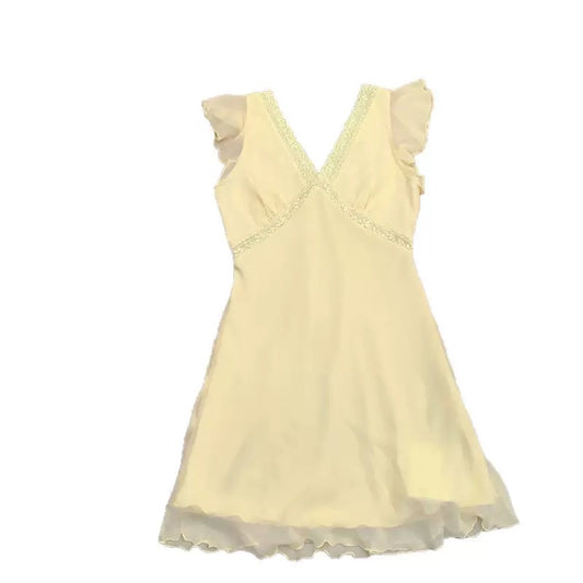 Cream Yellow V-Neck Lace Mini Dress Ruffle Flutter Sleeve Chiffon A-Line Dress