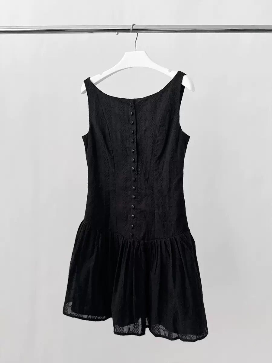 Black Textured Sleeveless Mini Dress Back Button Slim Flared Skirt