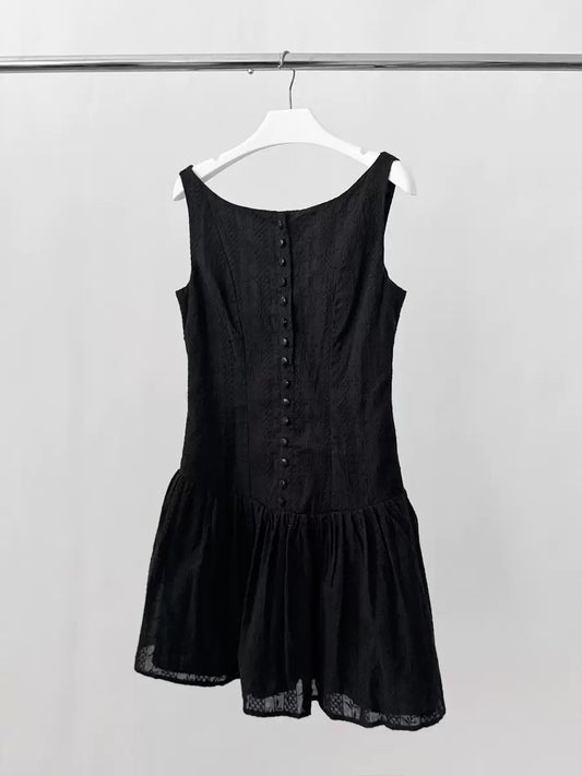 Black Textured Sleeveless Mini Dress Back Button Slim Flared Skirt