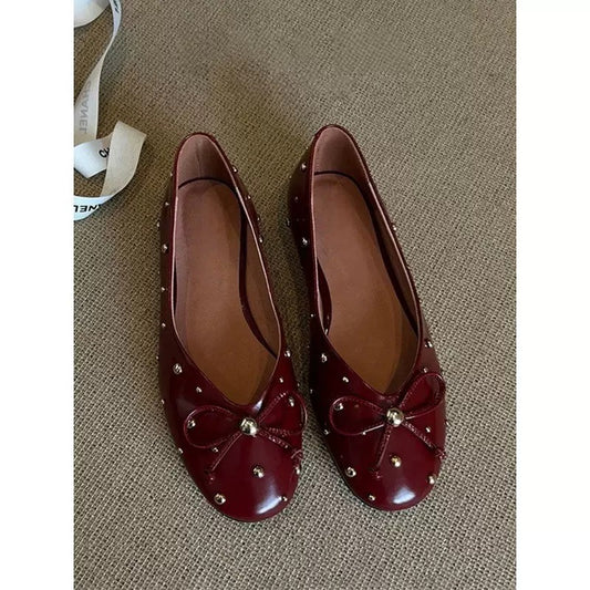 Burgundy Bow Rivet Flat Shoes Vintage Round Toe Ballet Flats