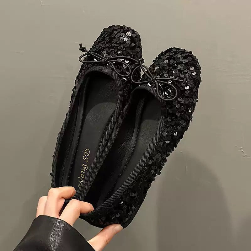 Black Sequin Bow Ballet Flats Round Toe Slip On Soft Flat Shoes